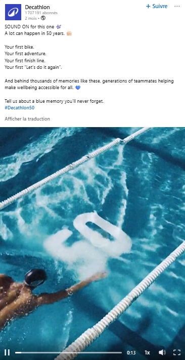 Post LinkedIn de la campagne des 50 ans de Decathlon